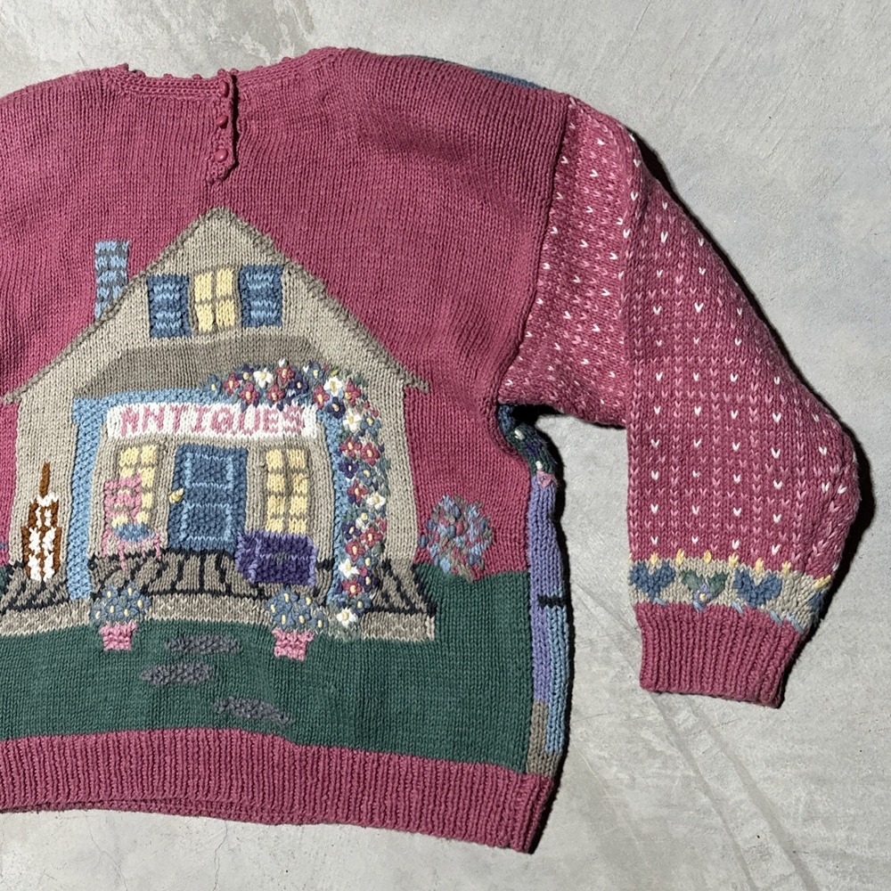 Vintage Hand Knitted Cardigan Sweater SZ L Cottagecore Antiques Farm House Pink - Picture 11 of 13